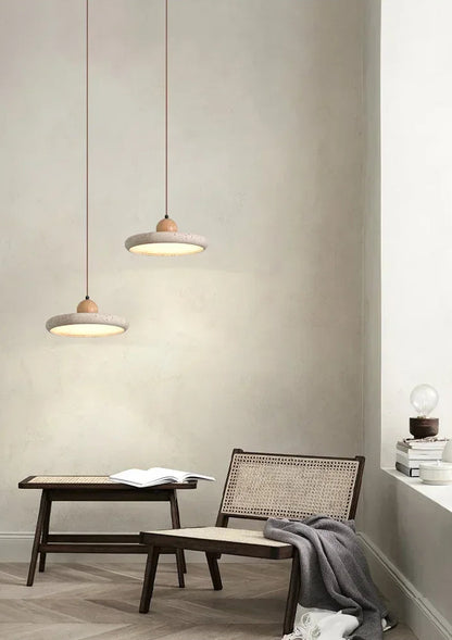 WABI SABI Travertine Round UFO Shaped Ceiling Light Natural Stone LED Pendant Lamps